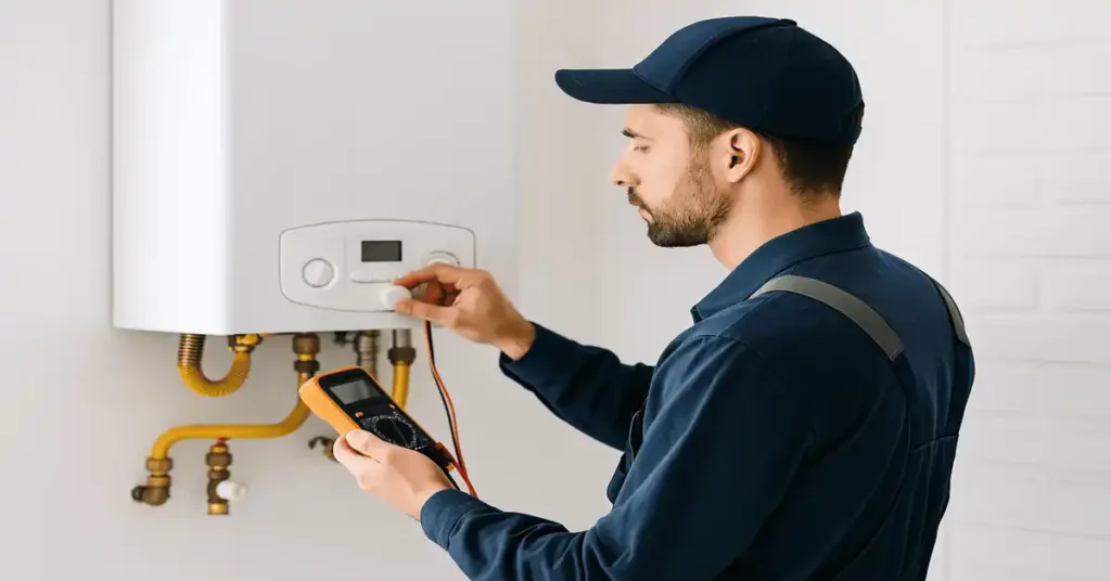 técnico revisando calefont mural con multímetro en casa