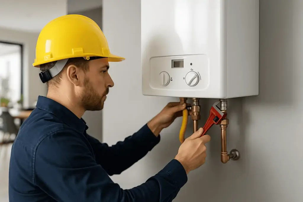 técnico instalando calefont mural en vivienda moderna