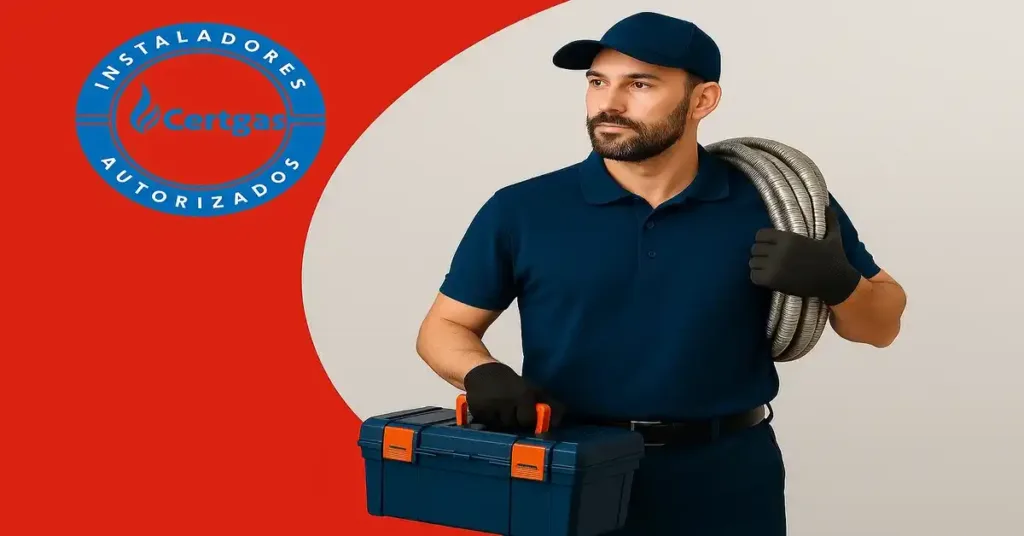 Técnico de gas autorizado SEC sosteniendo herramientas, con logo Certgas en la esquina superior izquierda sobre fondo rojo.
